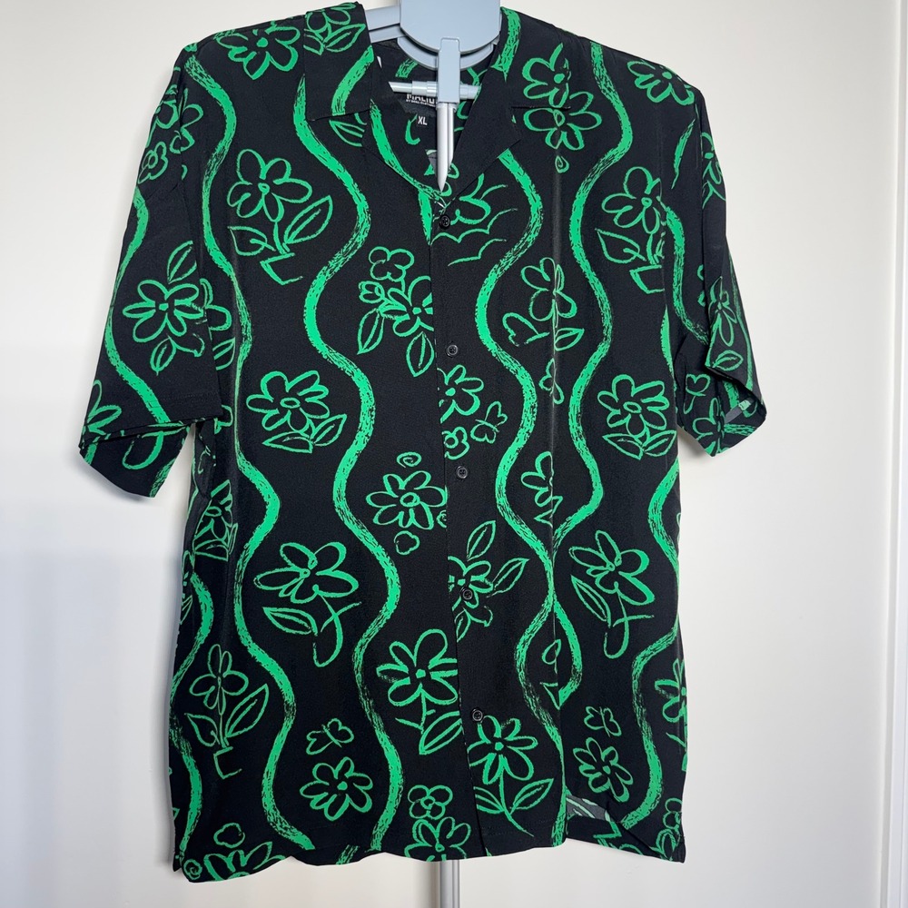 Malibu by Drill Clothing Co Mens Floral Button Up Shirt Black Green XL